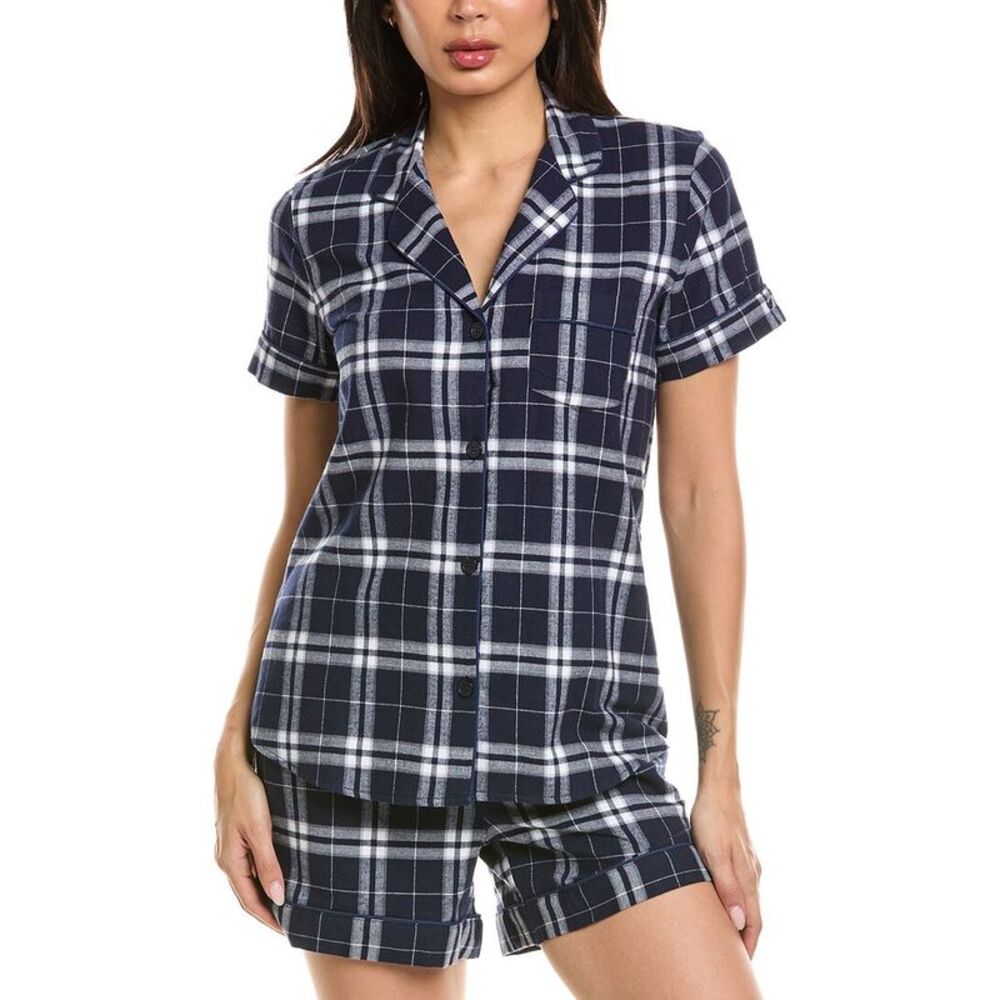Petite Plume Womens 2Pc Brushed Twill Short Sleeve Short Set, Blue